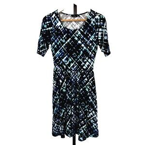 Apt. 9 Blue Dress Geometric XS Knee Length A-Line Pocket Stretch Bold Careercore